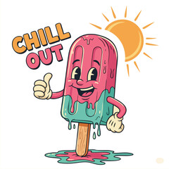 Groovy Cartoon Style Popsicle Character Illustration with Sun and Chill Out Text