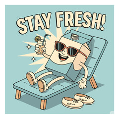Retro Cartoon Milk Carton Lounging on Beach Chair Illustration