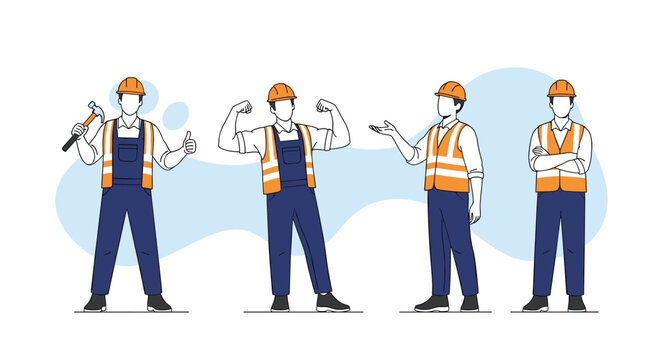Construction workers displaying different poses and tools wearing safety vests and hard hats illustrating teamwork and skill