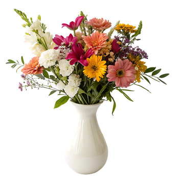 A beautiful glass vase with a colorful bouquet of fresh flowers isolated on a transparent background png