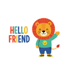 Playful Flat Illustration Lion Character with Hello Friend Text Design