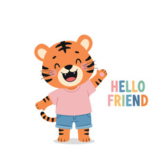 Cute Flat Style Tiger with Hello Friend Text for Greeting Card
