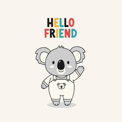 Cute Cartoon Koala Bear Waving Hand with Hello Friend Lettering Illustration