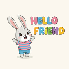 Cute Cartoon Rabbit with Hello Friend Text Design Illustration