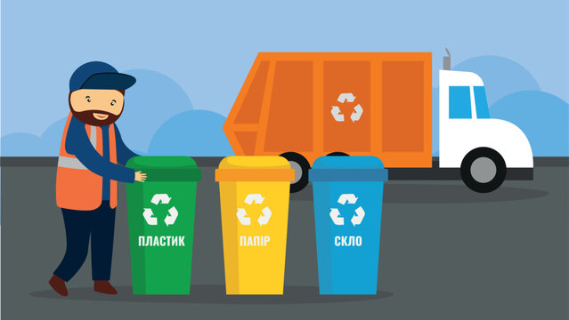 Garbage sorting service. Vector illustration in flat cartoon style. Garbage collection.