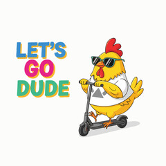Whimsical Handdrawn Chicken Riding Electric Scooter Character Design Illustration © Haimura
