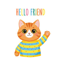 Cute Cartoon Ginger Cat with Sweater Greeting Card Illustration