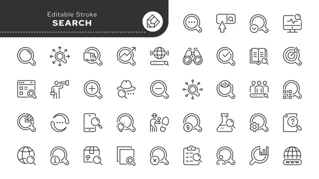 Search line icon set. Magnifying glass, research, analysis, monitoring, inspector, detective, seo, search bar, zoom, explore and more. Outline icon in linear style. Vector collection.	