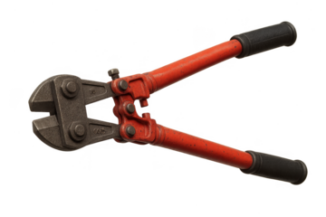 Robust industrial bolt cutter tool, isolated on transparent background.