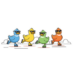 Whimsical Cartoon Style Line Art Roller Skating Ducks with Glasses Illustration