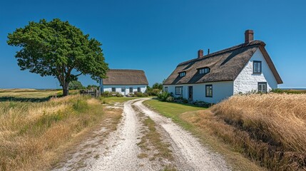 Fototapeta premium Coastal cottages, thatched roofs, sunny day