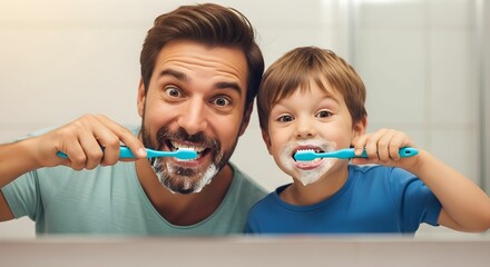 Father and son brushing their teeth together in the bathroom mirror view