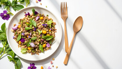 Lentil salad with edible flowers and wooden salad fork on white background  
