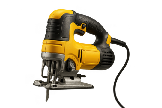 Powerful yellow and black electric jigsaw power tool isolated on transparent background