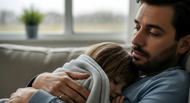 A father holding a sleeping child wrapped in a blanket on a couch indoors