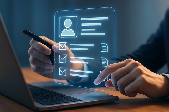 Man digitally filling online application form on laptop at night.