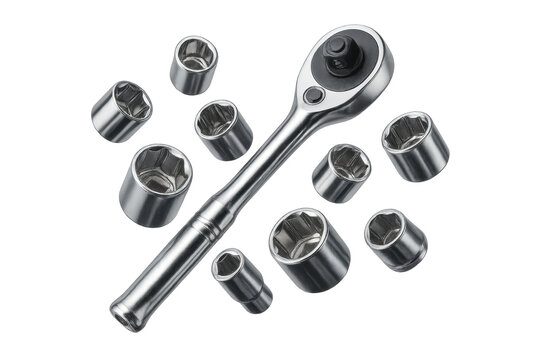 Bright chrome ratchet and socket set isolated on a transparent background