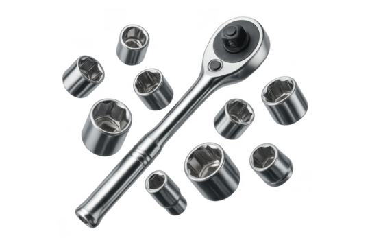 Bright chrome ratchet and socket set isolated on a transparent background