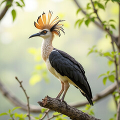 Obraz premium Hoopoe bird on branch, head crest raised, natural light, soft bokeh background