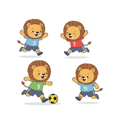 Cute Handdrawn Lion Soccer Player Character Design Illustration Set