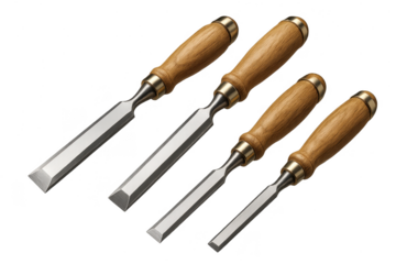 Set of four sharp wood chisels with wooden handles isolated on transparent background