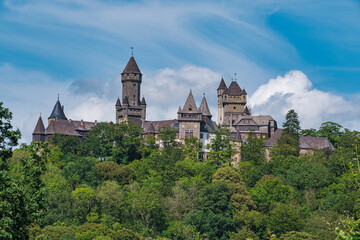 View of the imposing Braunfels Castle in the town of the same name in the Taunus Mountains