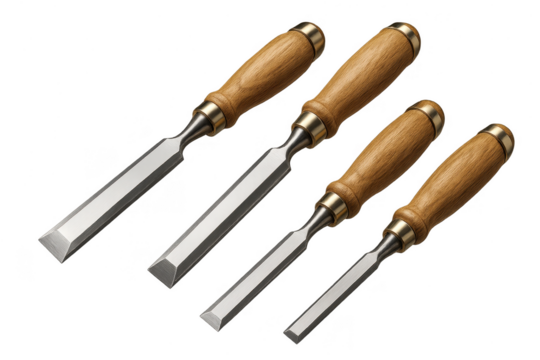 Set of four sharp wood chisels with wooden handles isolated on transparent background