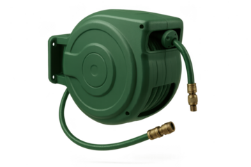 Green garden hose reel with coiled hose, transparent isolated background.
