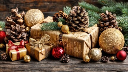 A festive arrangement of wrapped gifts, pinecones, and Christmas ornaments on a rustic wooden surface