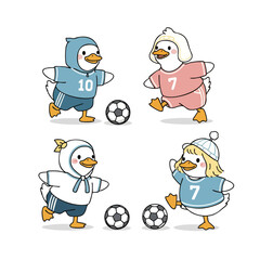 Cute Handdrawn Duck Playing Soccer Team Cartoon Character Illustration
