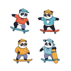 Playful Handdrawn Panda Character Riding Skateboard Set Illustration Design