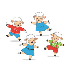 Cartoonish Handdrawn Cheerful Dancing Sheep Characters for Children Illustration