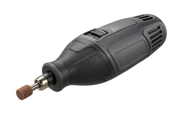 Compact black rotary tool with abrasive bit isolated on transparent background