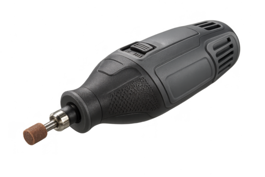 Compact black rotary tool with abrasive bit isolated on transparent background