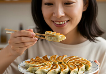 Asian Woman Eating Delicious Gyoza Dumplings with Chopsticks, Smiling and Enjoying Japanese Food