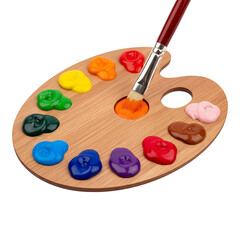 Artist Wooden Paint Palette Filled with Various Vibrant Colors and Brush Creating Art