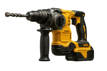 Modern rotary hammer drill with battery isolated on transparent background.