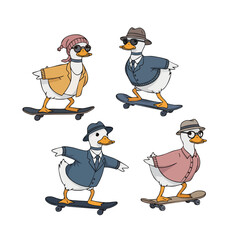 Cute Cartoon Duck Character on Skateboard Wearing Outfit Illustration