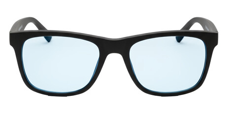 Stylish black framed eyeglasses with light blue tinted lenses for everyday wear or fashion accessory png isolated on transparent background