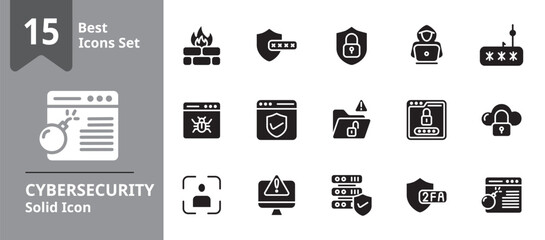 Cybersecurity icon set representing cybersecurity and data protection concepts including password, shield, firewall, malware, and secure login, suitable for websites, apps, and infographics.