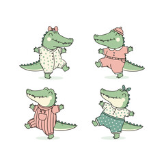 Hand Drawn Cute Crocodile Character Dancing in Pajamas Illustration Set
