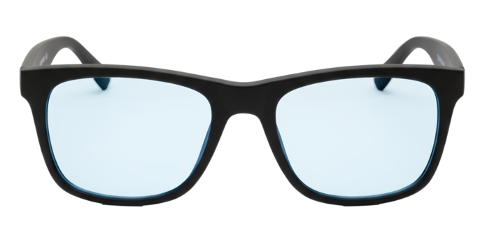 Stylish black framed eyeglasses with light blue tinted lenses for everyday wear or fashion accessory png isolated on transparent background