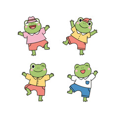 Cute Cartoon Happy Frog Dancing Pose Character Illustration Set
