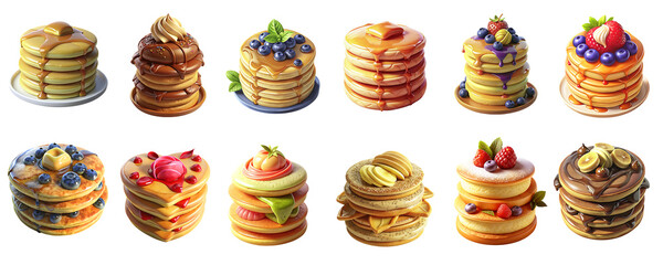 Delicious Pancake Stack Vector Set Colorful 3D Breakfast Illustrations with Fruits, Syrup, and Toppings for Café, Menu, and Food Design