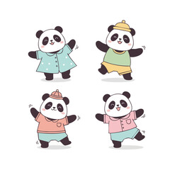 Cute Handdrawn Panda Bear Characters Wearing Colorful Clothes Illustration