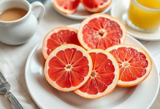 Halved pink grapefruit, juicy segments, breakfast table setting, food photo, grapefruit