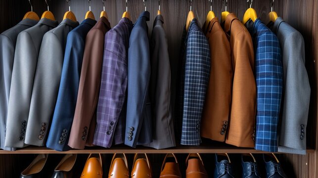 A stylish collection of tailored suits displayed in a modern wardrobe, showcasing a variety of colors and patterns.