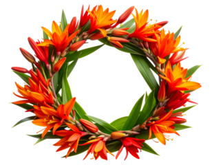 Montbretia Flower Wreath in Warm Summer Tones, isolated on a transparent background.
