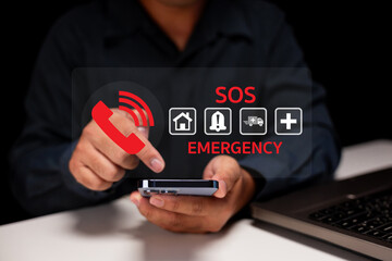 A person uses a smartphone to access emergency SOS services, with icons representing home, alert,...