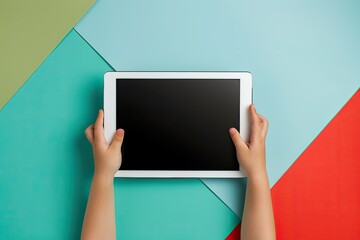 Kid Hands Holding White Tablet Computer on Light Green, Blue and Red Table